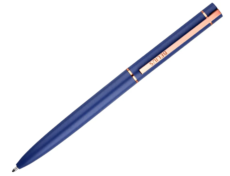 Stylo-bille belius rose aluminium details et attributs or rose encre bleue coloris bleu electrique dans coffret cadeau