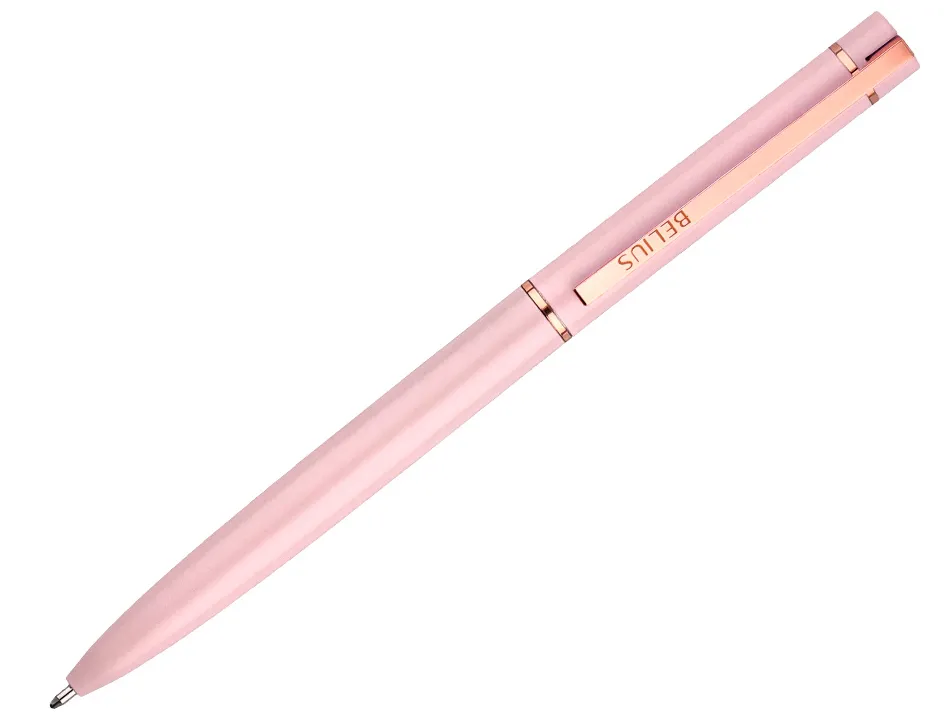 Stylo-bille belius rose aluminium details et attributs or rose encre bleue coloris rose dans coffret cadeau