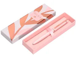 Stylo-bille belius rose aluminium details et attributs or rose encre bleue coloris rose dans coffret cadeau