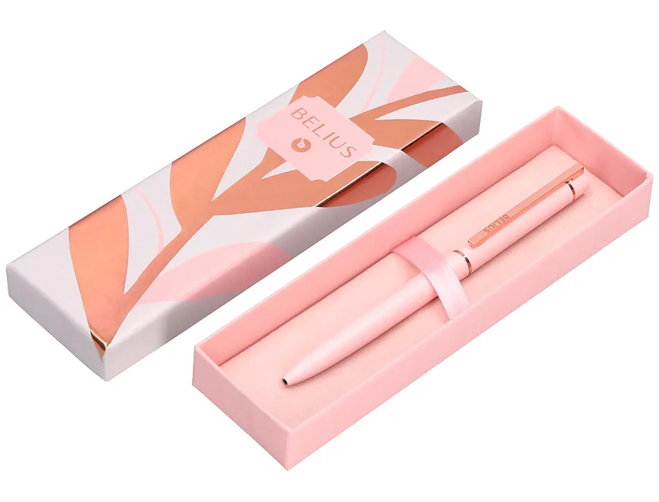 Stylo-bille belius rose aluminium details et attributs or rose encre bleue coloris rose dans coffret cadeau