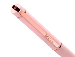 Stylo-bille belius rose aluminium details et attributs or rose encre bleue coloris rose dans coffret cadeau