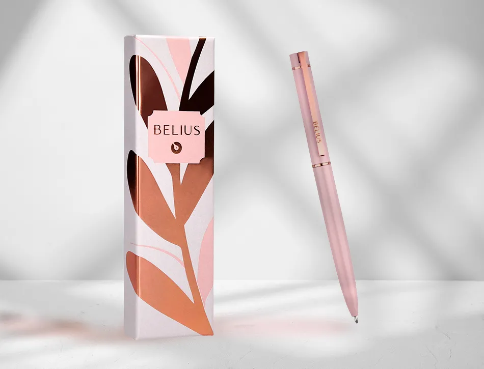 Stylo-bille belius rose aluminium details et attributs or rose encre bleue coloris rose dans coffret cadeau