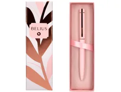 Stylo-bille belius rose aluminium details et attributs or rose encre bleue coloris rose dans coffret cadeau