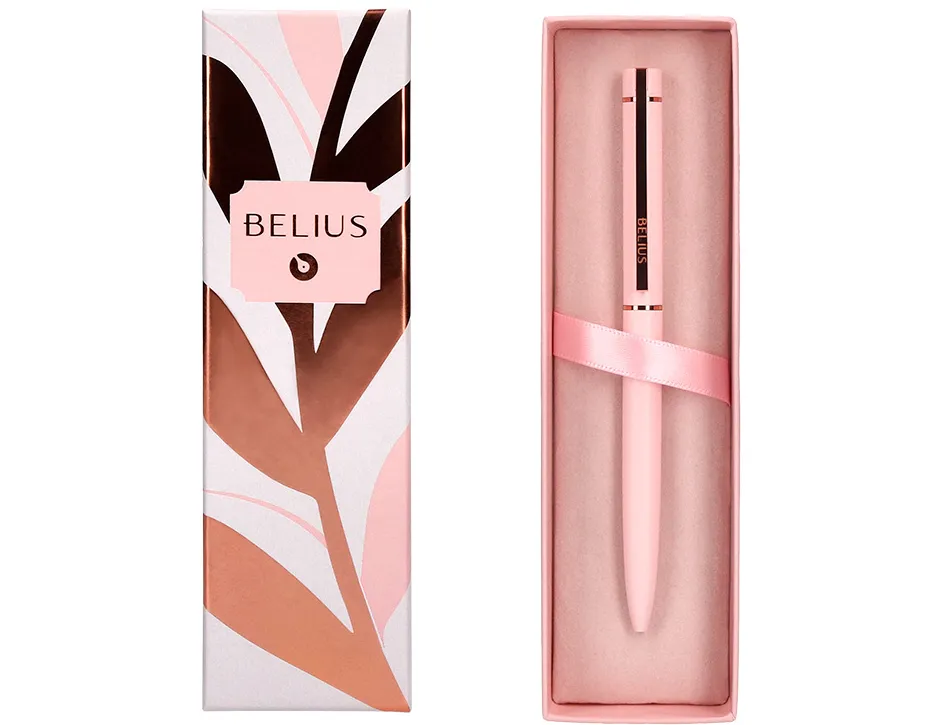 Stylo-bille belius rose aluminium details et attributs or rose encre bleue coloris rose dans coffret cadeau