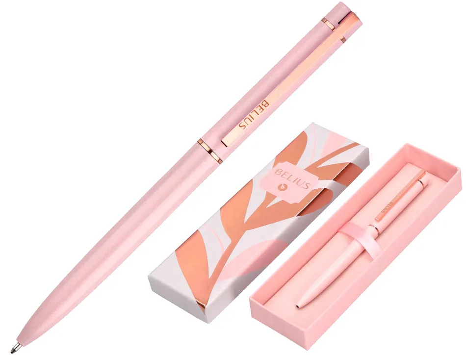 Stylo-bille belius rose aluminium details et attributs or rose encre bleue coloris rose dans coffret cadeau