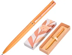 Stylo-bille belius rose aluminium details et attributs or rose encre bleue coloris orange dans coffret cadeau