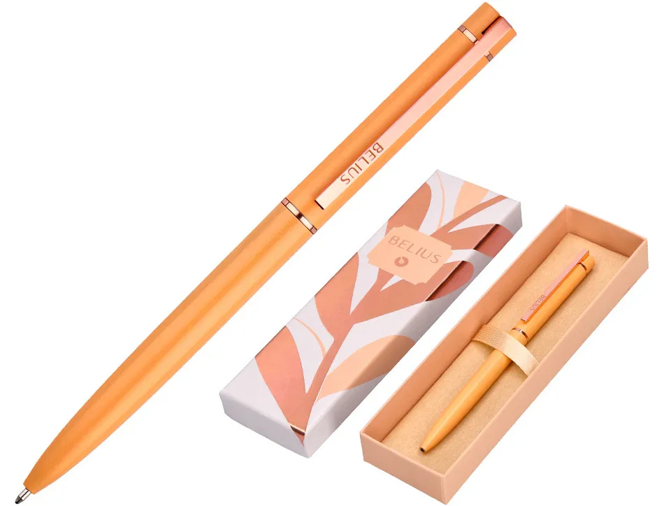 Stylo-bille belius rose aluminium details et attributs or rose encre bleue coloris orange dans coffret cadeau