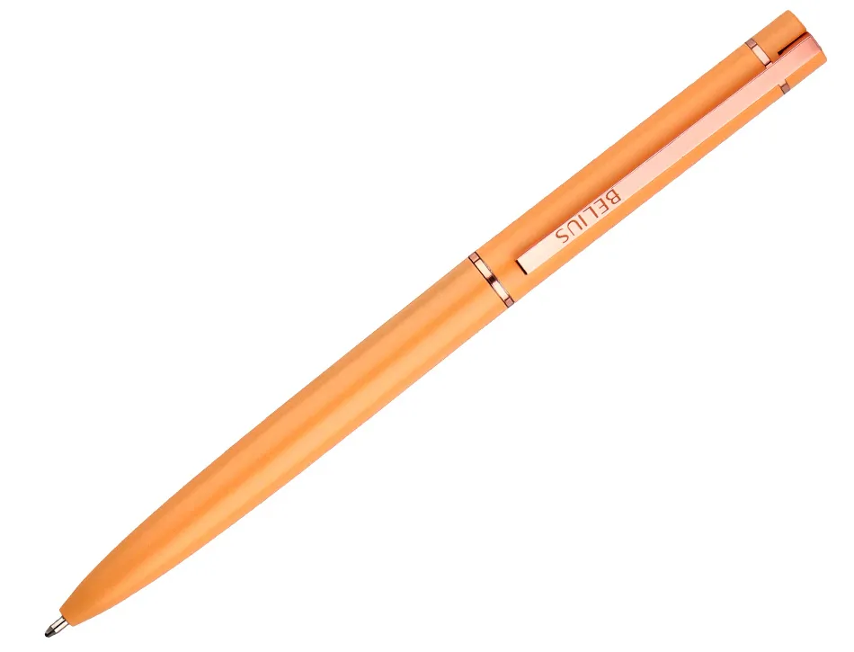 Stylo-bille belius rose aluminium details et attributs or rose encre bleue coloris orange dans coffret cadeau
