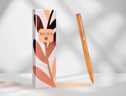 Stylo-bille belius rose aluminium details et attributs or rose encre bleue coloris orange dans coffret cadeau