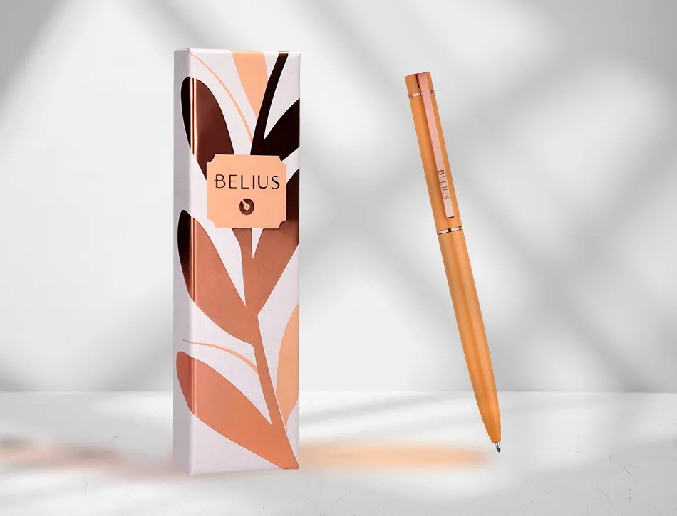 Stylo-bille belius rose aluminium details et attributs or rose encre bleue coloris orange dans coffret cadeau