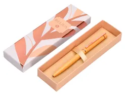 Stylo-bille belius rose aluminium details et attributs or rose encre bleue coloris orange dans coffret cadeau