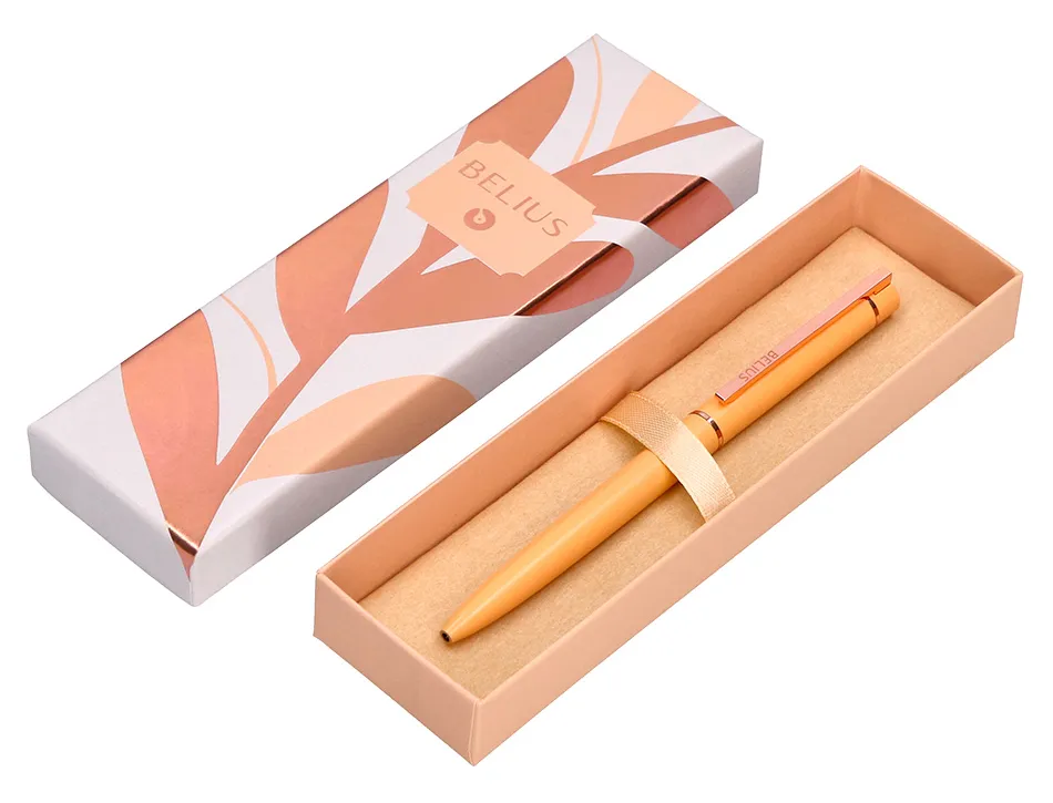 Stylo-bille belius rose aluminium details et attributs or rose encre bleue coloris orange dans coffret cadeau