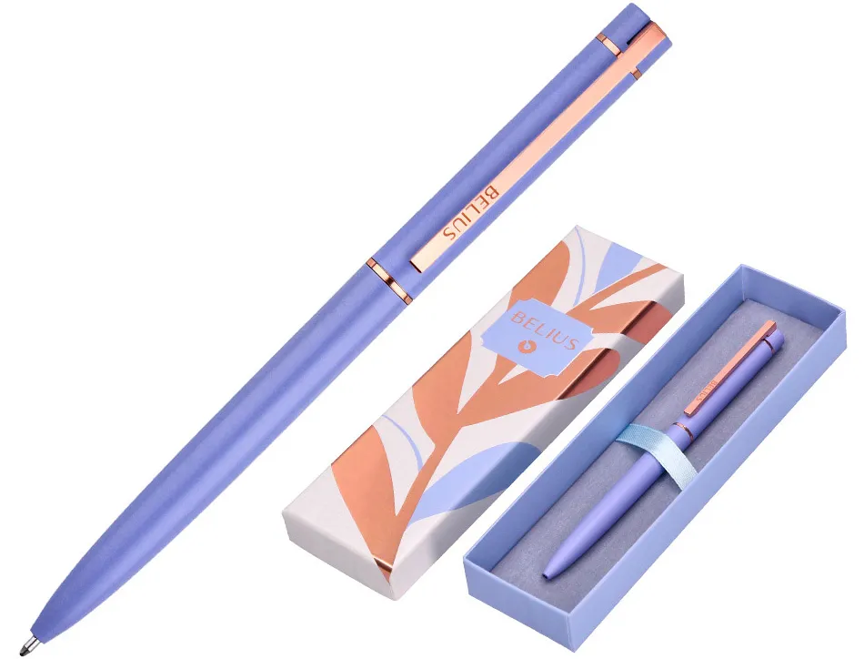 Stylo-bille belius rose aluminium details et attributs or rose encre bleue coloris lavande dans coffret cadeau