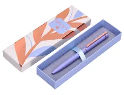 Stylo-bille belius rose aluminium details et attributs or rose encre bleue coloris lavande dans coffret cadeau
