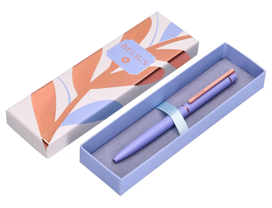 Stylo-bille belius rose aluminium details et attributs or rose encre bleue coloris lavande dans coffret cadeau