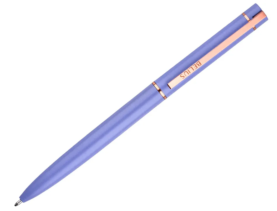 Stylo-bille belius rose aluminium details et attributs or rose encre bleue coloris lavande dans coffret cadeau