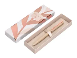 Stylo-bille belius rose corps aluminium encre bleue coloris beige claire or rose boite design