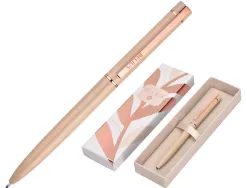 Stylo-bille belius rose corps aluminium encre bleue coloris beige claire or rose boite design
