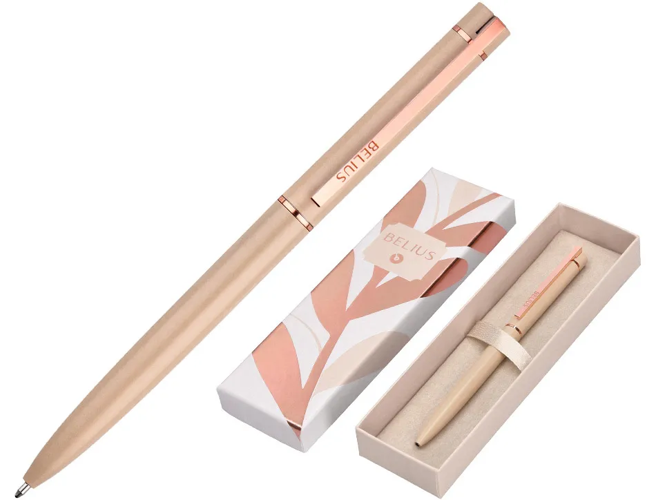 Stylo-bille belius rose corps aluminium encre bleue coloris beige claire or rose boite design