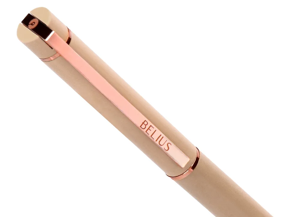Stylo-bille belius rose corps aluminium encre bleue coloris beige claire or rose boite design