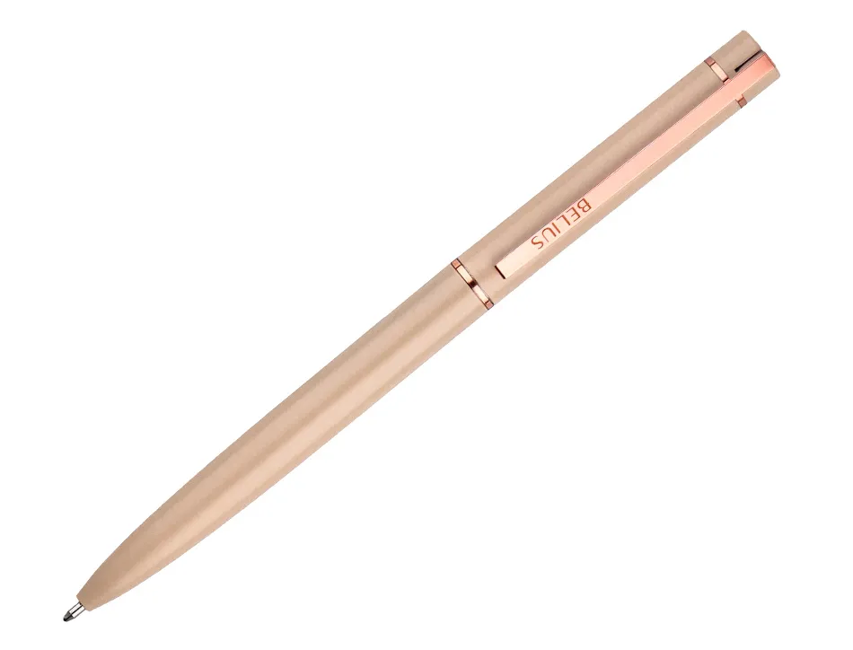 Stylo-bille belius rose corps aluminium encre bleue coloris beige claire or rose boite design