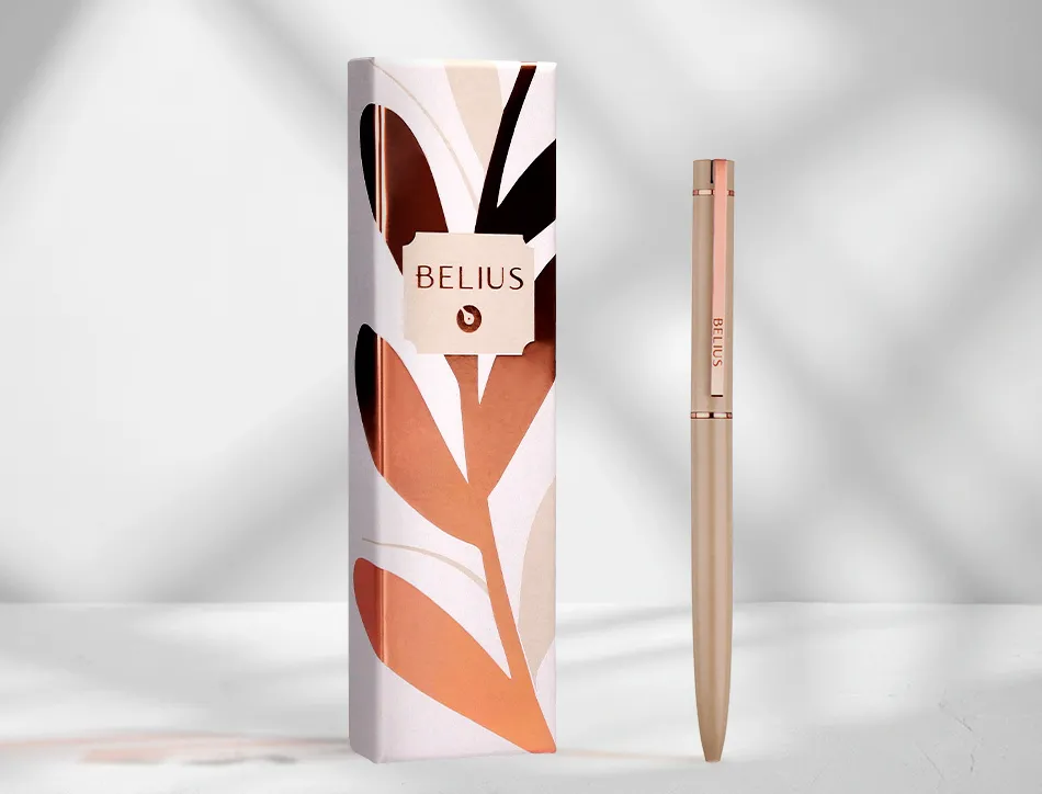 Stylo-bille belius rose corps aluminium encre bleue coloris beige claire or rose boite design