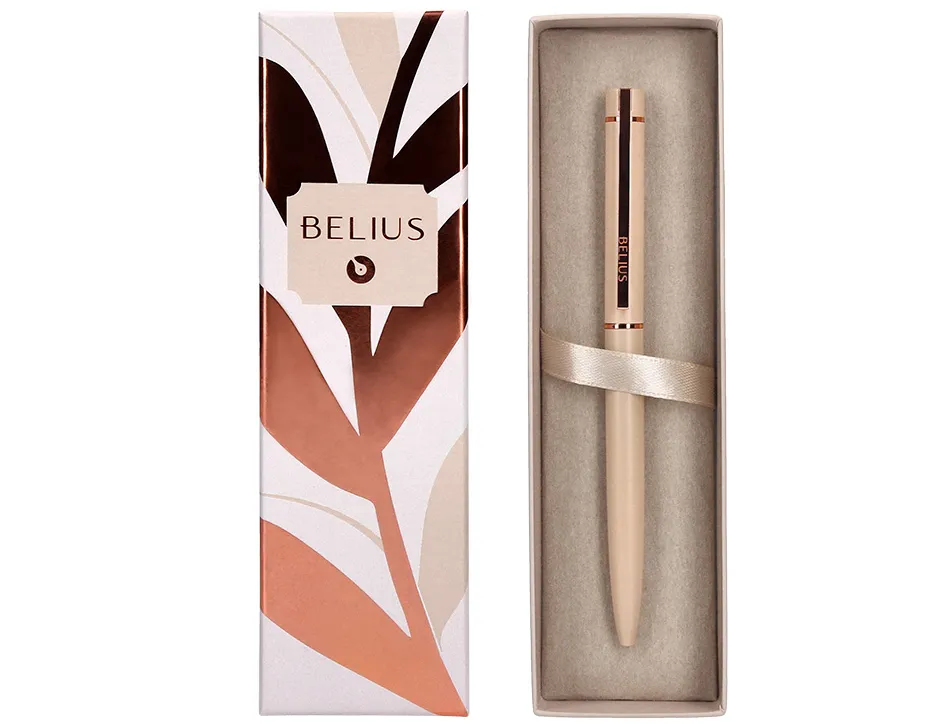 Stylo-bille belius rose corps aluminium encre bleue coloris beige claire or rose boite design