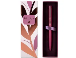 Stylo-bille belius rose corps aluminium encre bleue coloris bordeaux or rose boite design