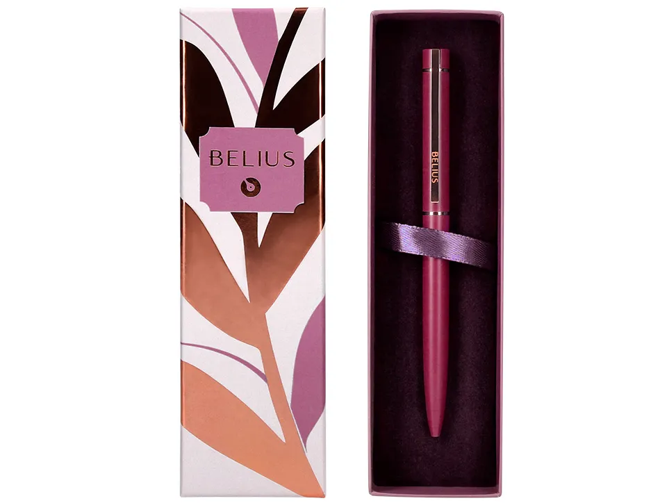 Stylo-bille belius rose corps aluminium encre bleue coloris bordeaux or rose boite design
