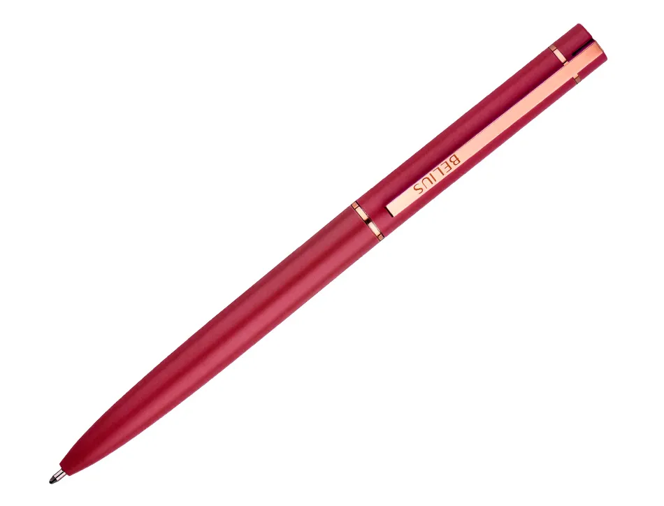 Stylo-bille belius rose corps aluminium encre bleue coloris bordeaux or rose boite design