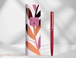 Stylo-bille belius rose corps aluminium encre bleue coloris bordeaux or rose boite design
