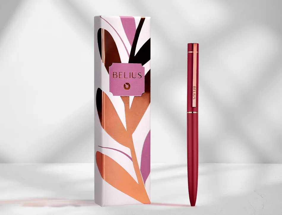 Stylo-bille belius rose corps aluminium encre bleue coloris bordeaux or rose boite design