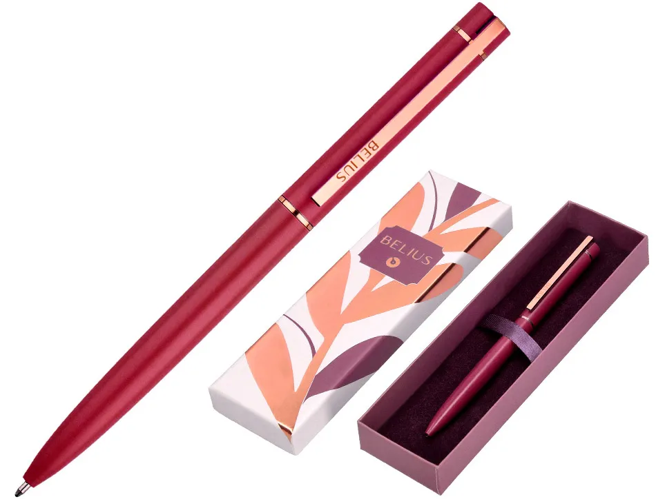 Stylo-bille belius rose corps aluminium encre bleue coloris bordeaux or rose boite design