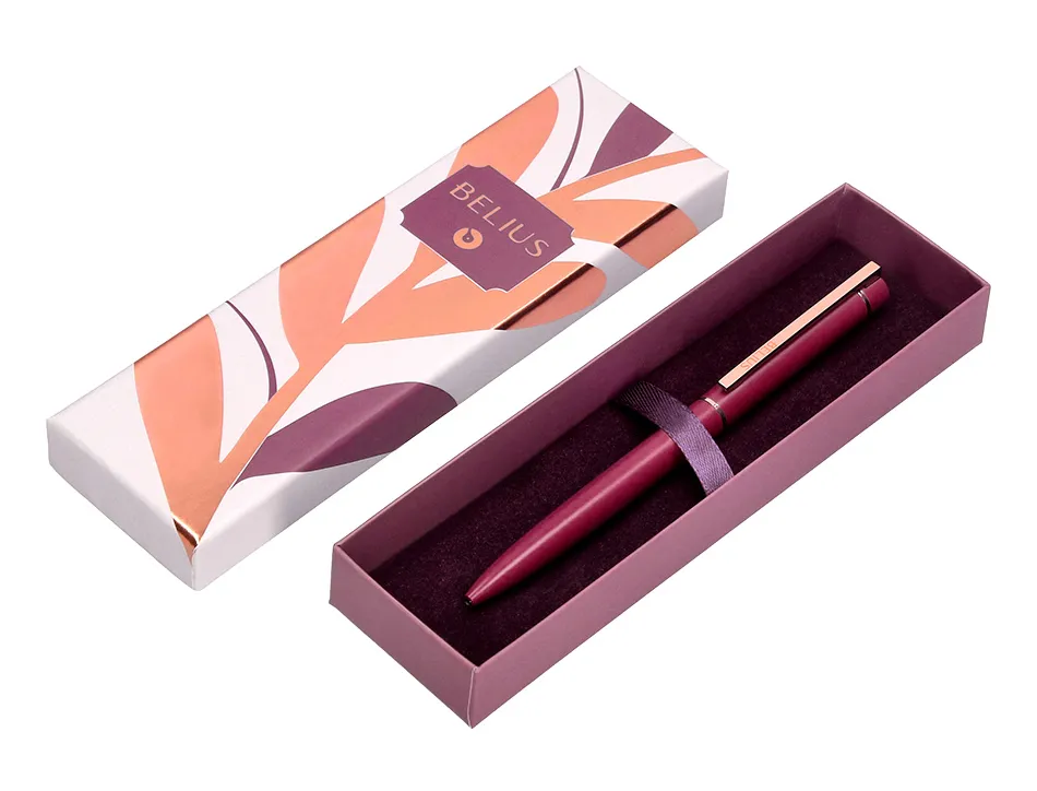 Stylo-bille belius rose corps aluminium encre bleue coloris bordeaux or rose boite design