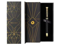 Stylo-bille belius soiree aluminium details et attributs or encre bleue coloris noir dans coffret cadeau