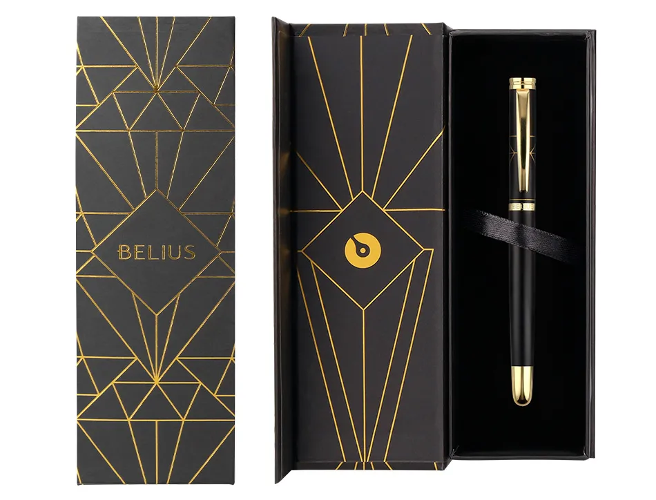 Stylo-bille belius soiree aluminium details et attributs or encre bleue coloris noir dans coffret cadeau