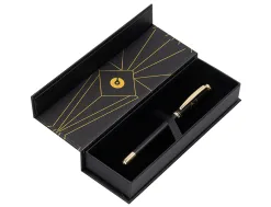 Stylo-bille belius soiree aluminium details et attributs or encre bleue coloris noir dans coffret cadeau