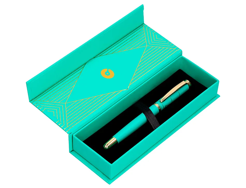Stylo-bille belius soiree aluminium details et attributs or encre bleue coloris turquoise dans coffret cadeau