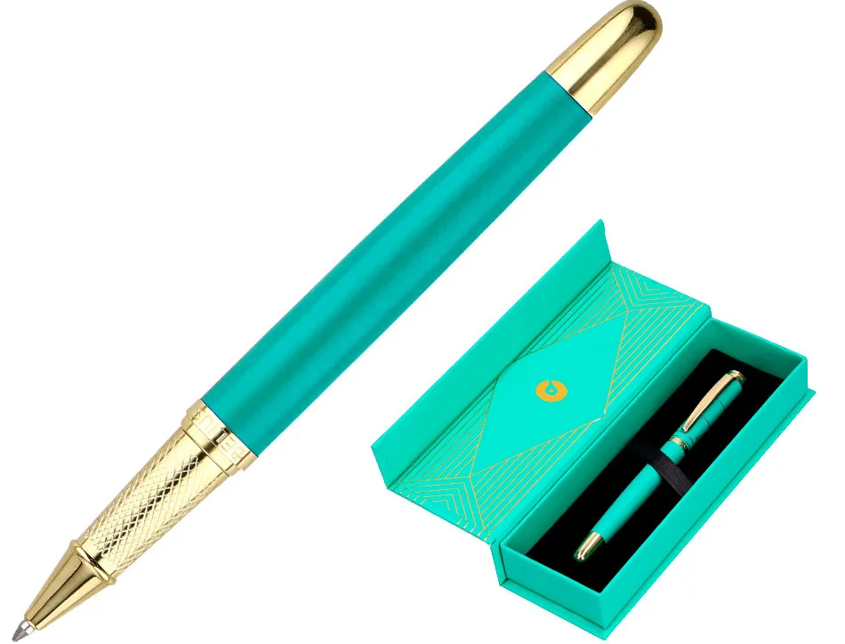 Stylo-bille belius soiree aluminium details et attributs or encre bleue coloris turquoise dans coffret cadeau
