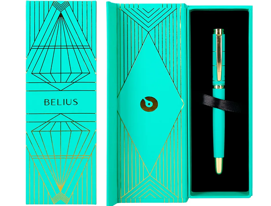 Stylo-bille belius soiree aluminium details et attributs or encre bleue coloris turquoise dans coffret cadeau