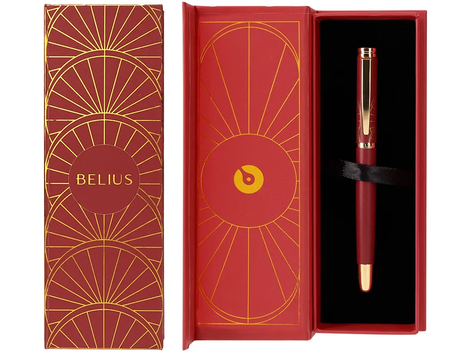 Stylo-bille belius soiree aluminium details et attributs or encre bleue coloris bordeaux dans coffret cadeau