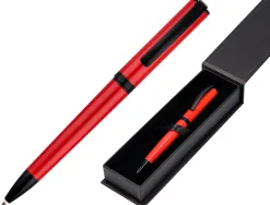 Stylo-bille belius turbo aluminium texture pointillee attributs noir encre bleue coloris rouge dans coffret cadeau