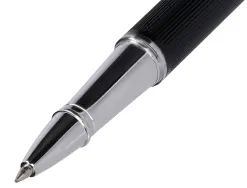 Stylo-bille belius turbo aluminium texture pointillee attributs argent encre bleue coloris noir dans coffret cadeau