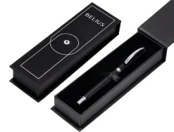 Stylo-bille belius turbo aluminium texture pointillee attributs argent encre bleue coloris noir dans coffret cadeau