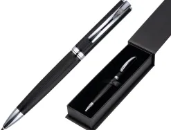 Stylo-bille belius turbo aluminium texture pointillee attributs argent encre bleue coloris noir dans coffret cadeau