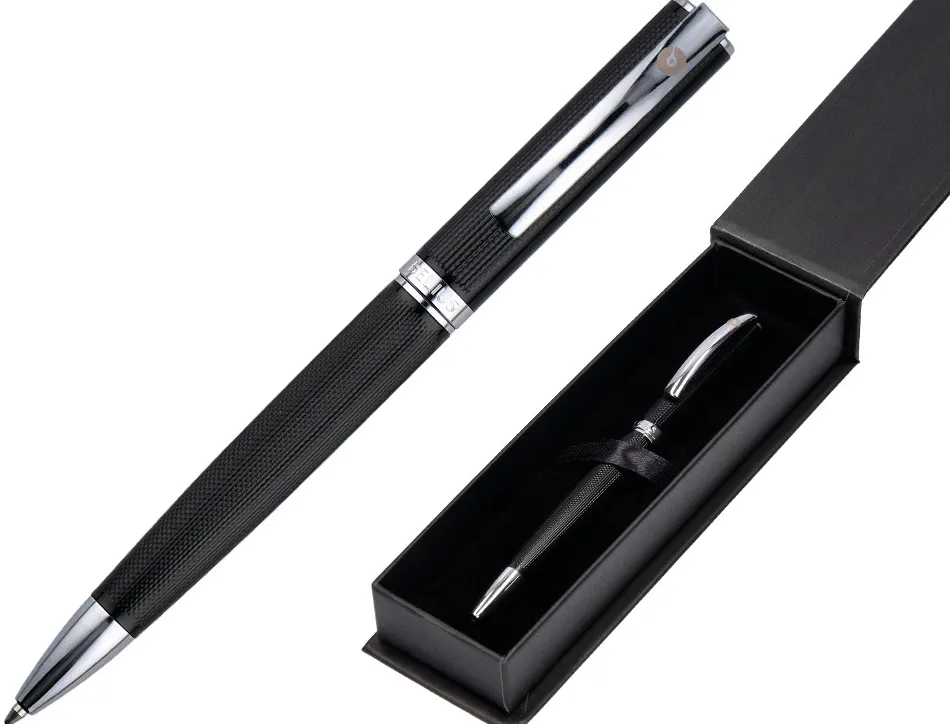 Stylo-bille belius turbo aluminium texture pointillee attributs argent encre bleue coloris noir dans coffret cadeau