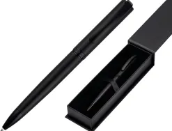Stylo-bille belius turbo monochrome aluminium texture pointillee encre bleue coloris noir dans coffret cadeau