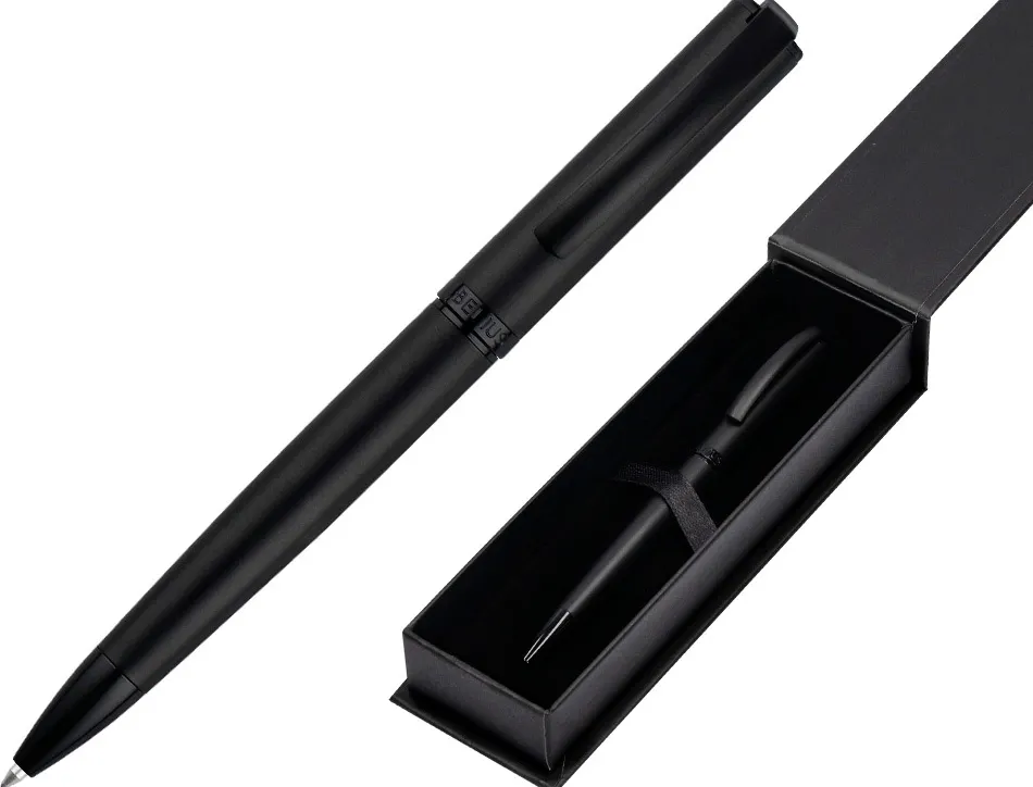 Stylo-bille belius turbo monochrome aluminium texture pointillee encre bleue coloris noir dans coffret cadeau