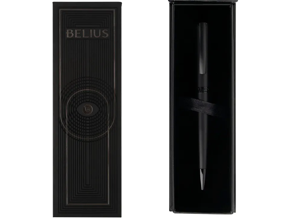 Stylo-bille belius turbo monochrome aluminium texture pointillee encre bleue coloris noir dans coffret cadeau