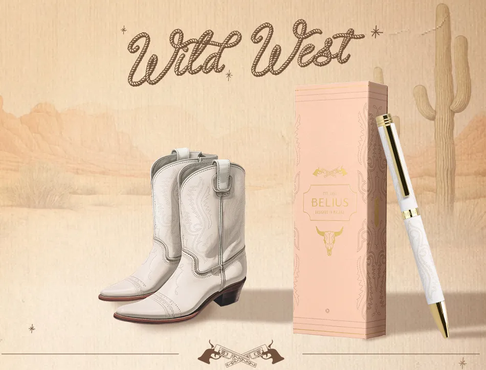 Stylo-bille belius wild west aluminium encre bleue attributs dores coloris creme coffret design